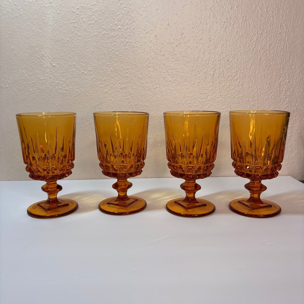 Vintage Amber Glass Goblets Set of 4 Water Wine Pedestal Glasses Excellent
